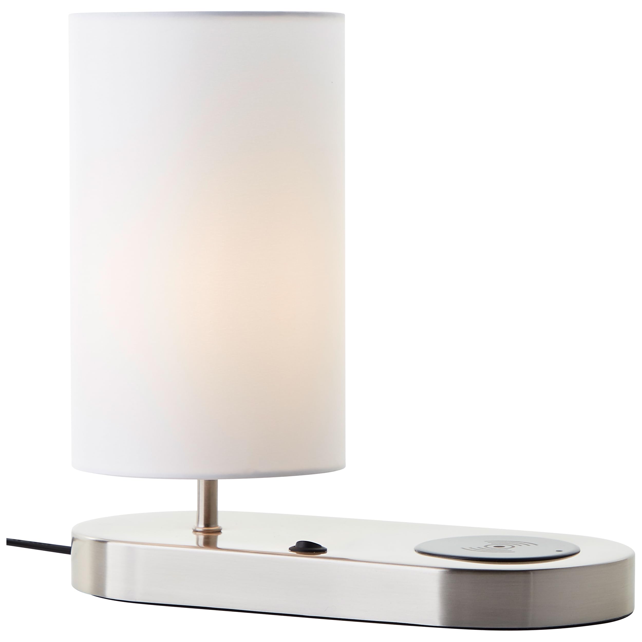 Brilliant Moderna lampada da tavolo con supporto ribaltabile integrato, ricarica wireless tramite vassoio di ricarica a induzione e paralume in tessuto bianco, ideale per comodini e scrivanie