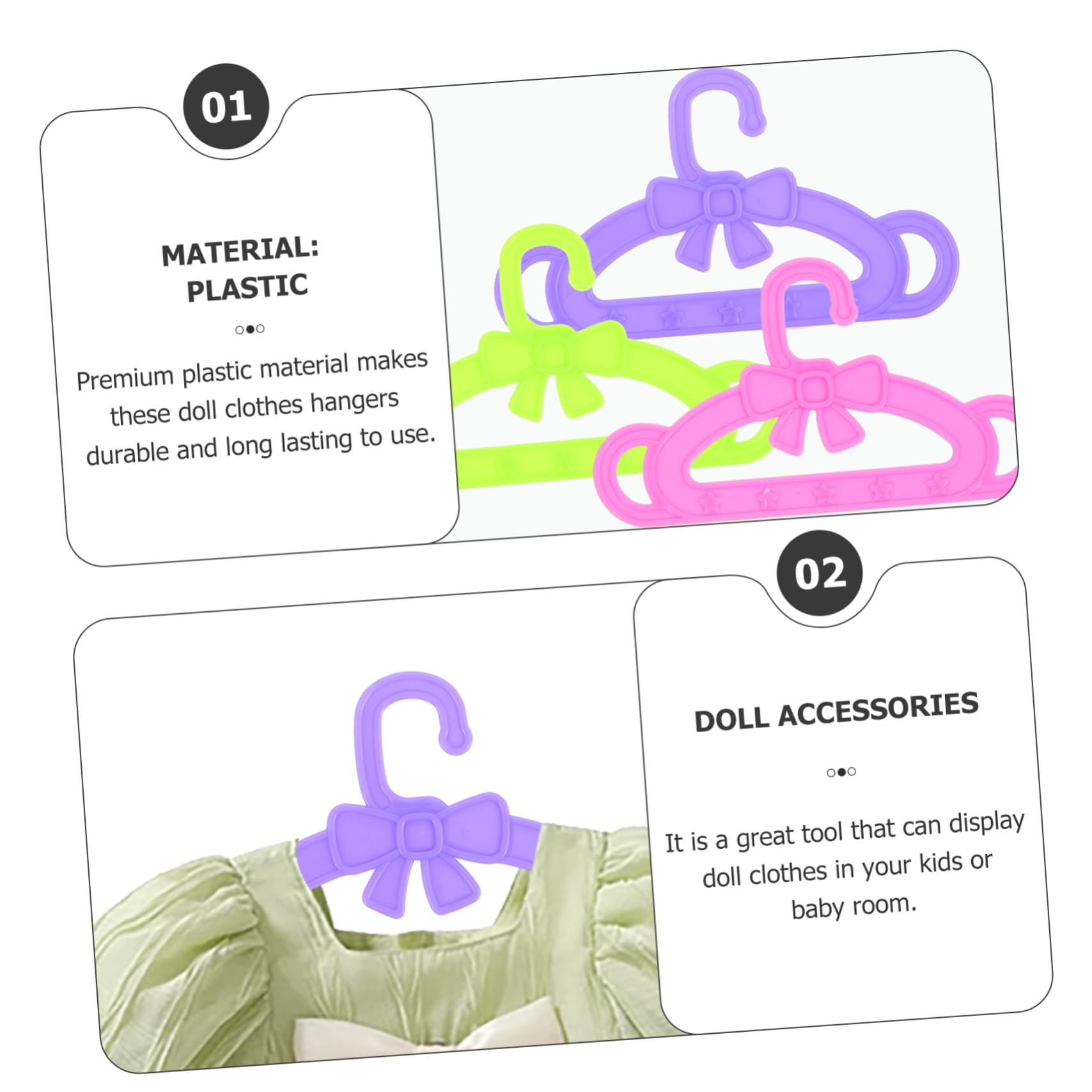 Perchas para Ropa de Muñecas de Plástico 15 Piezas | Accesorios para Vestidos y Faldas, Surtido Rosa Verde y Morado, para Niñas y Ñiño