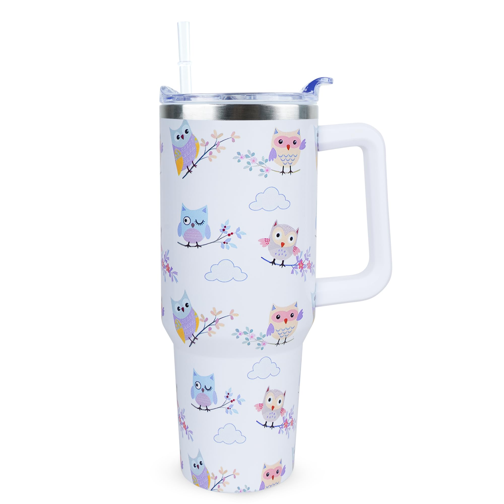 Xchearser 40 oz Cute Owl Tumbler with Handle and Straw, Stainless Steel Insulated Cup with Lid and Straw, Travel Mug Water Bottle, Gifts for Women