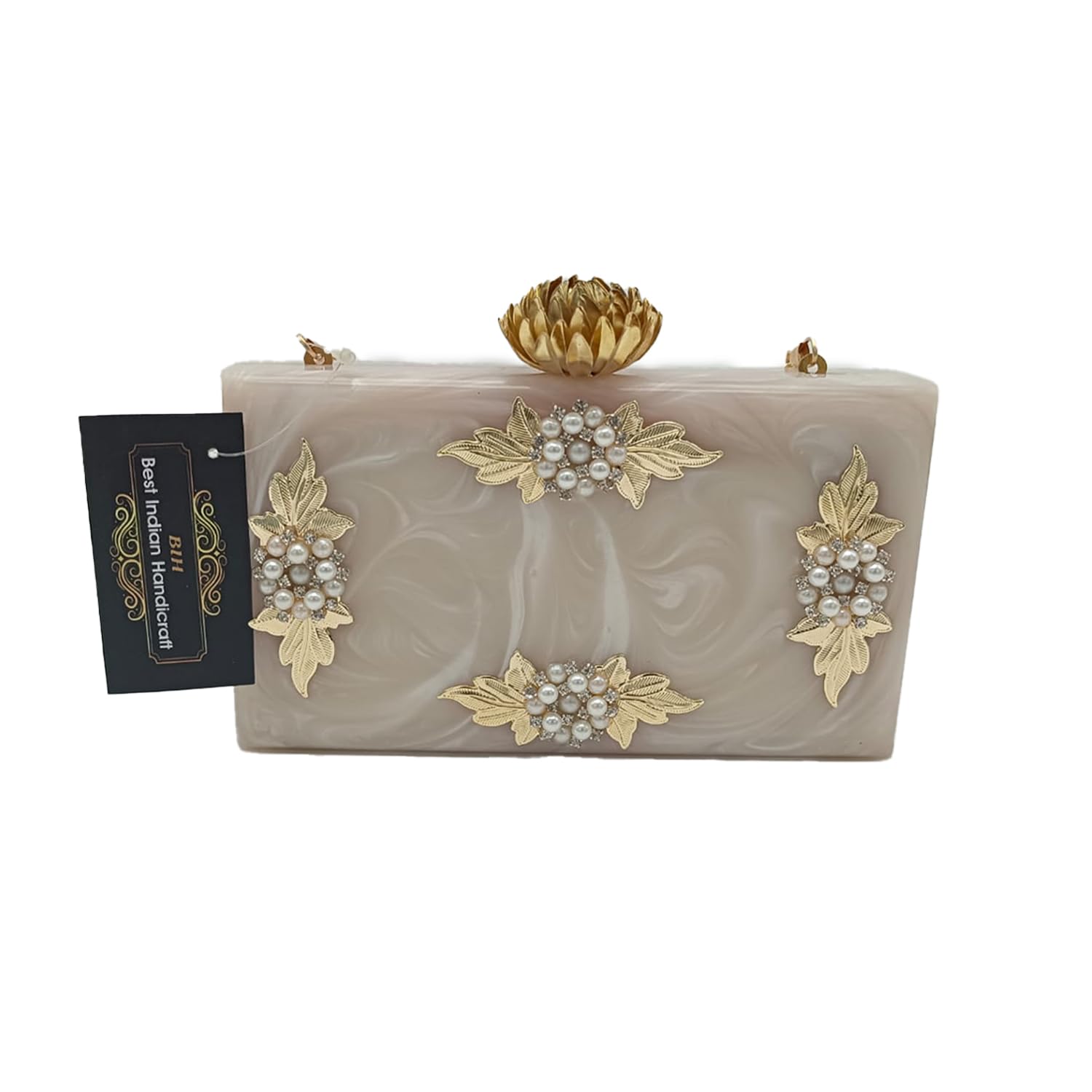 bih Luxury Biege Resin Box Clutch Gold Leaf Design for bridal,wedding,parties with sling chain and Stylish Flower Buckle Charm Resin Clutch-picture-35