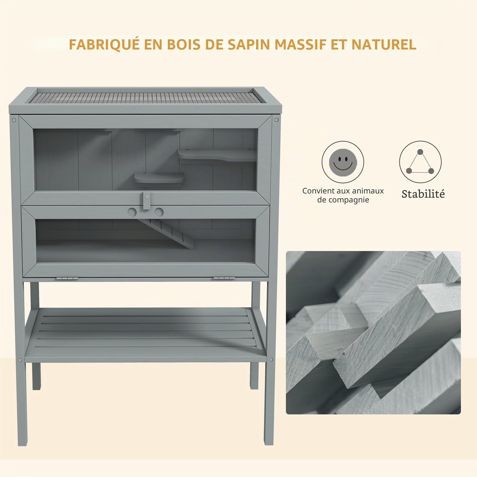 PawHut Cage en Bois pour Hamster avec Étagère 60x40x80 cm Gris