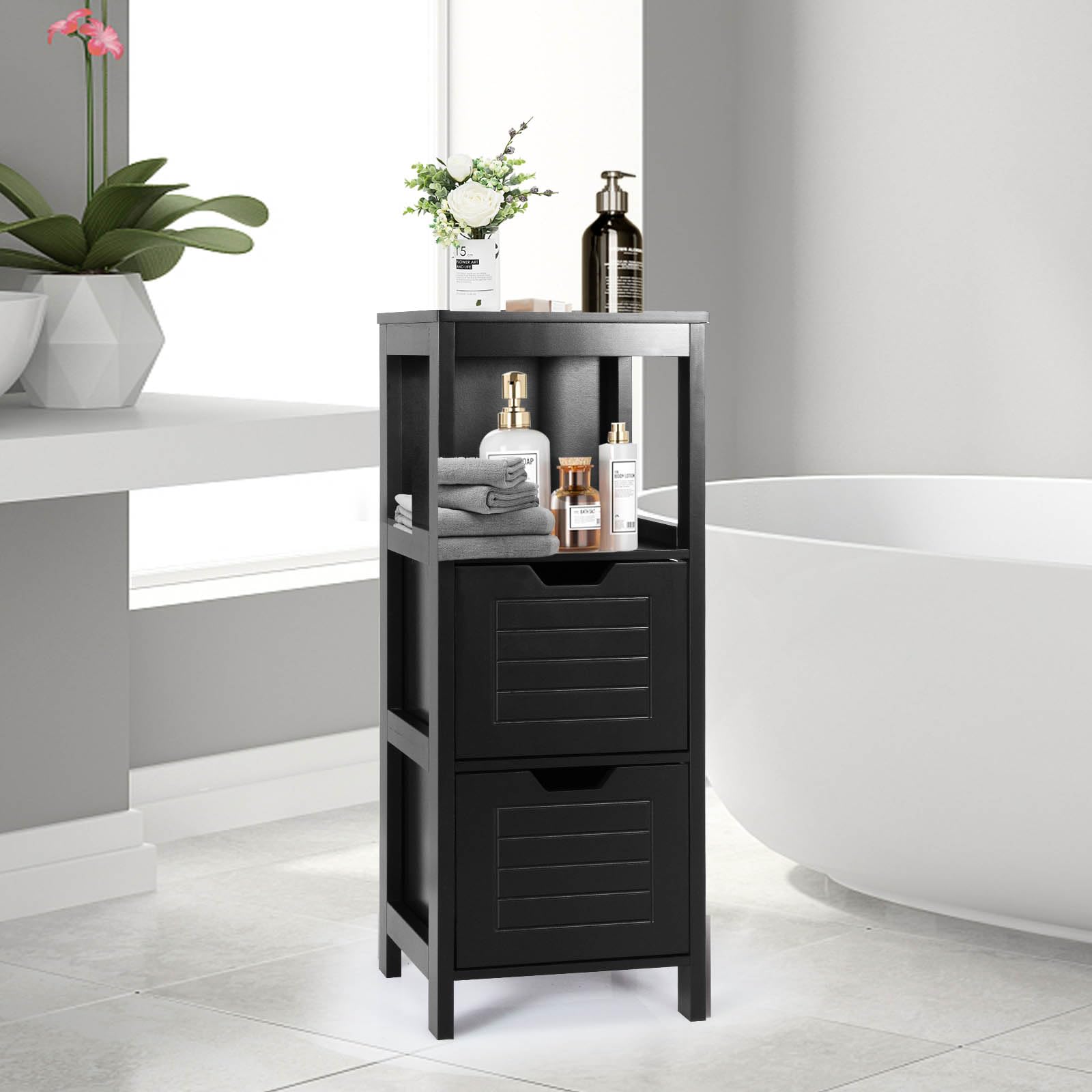LIFEZEAL Mobiletto Bagno Salvaspazio, Scaffale Multiuso con 2 cassetti, Mobile Bagno in Legno 30x30x89cm, Armadietto da Terra per Cucina e Soggiorno (nero 1)