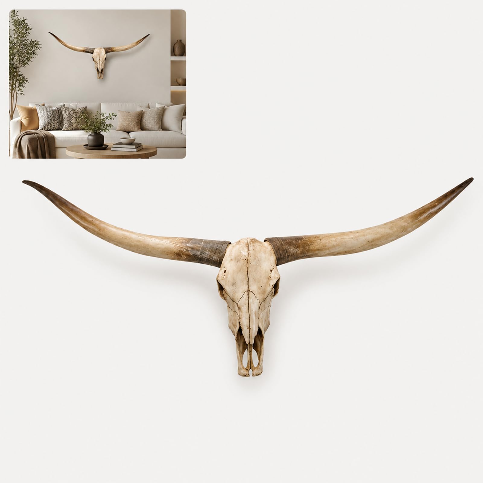 TJKK Longhorn Wall Decor, Cow Skull Wall Decor, Highland Cattle Skull, Faux Taxidermy Animal Head Wall Decor, Handmade Farmhouse Decor (brown,178 * 70cm)