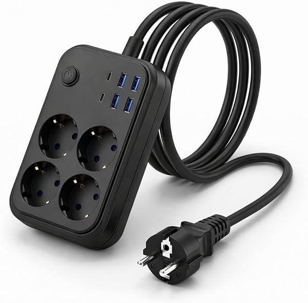 Akım Korumalı 4’lü Priz 2500W 10A – 2 USB + 2 Type-C Hızlı Şarj – 2 Metre Uzatma Kablosu, Anahtarlı Çoklu Priz, Çocuk Korumalı, Aşırı Yük ve Kısa Devre Korumalı Power Strip