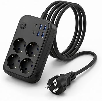 Ak m Korumal  4 l  Priz 2500W 10A   2 USB + 2 Type-C H zl   arj   2 Metre Uzatma Kablosu, Anahtarl   oklu Priz,  ocuk Korumal , A r  Y k ve K sa Devre Korumal  Power Strip