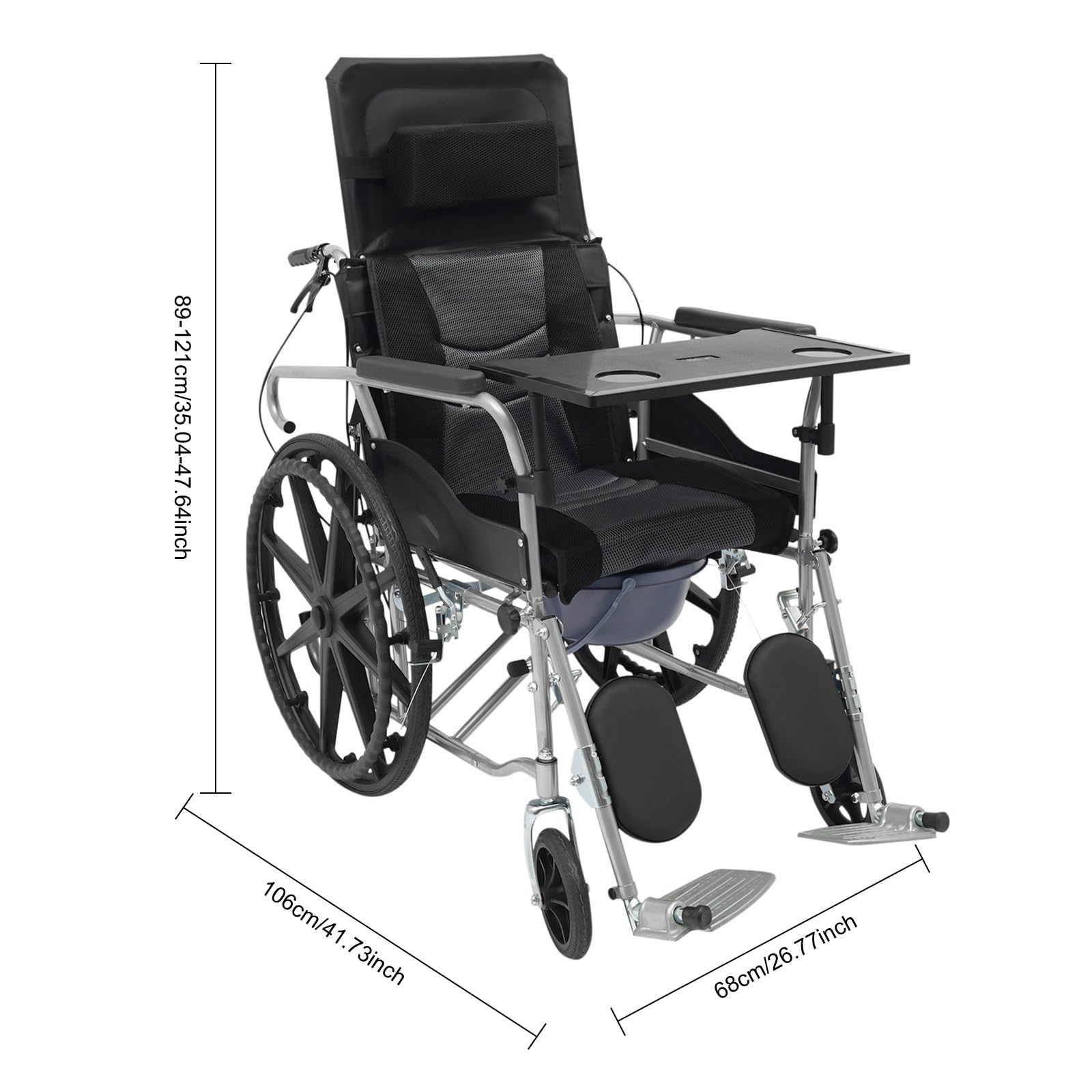 Silla de ruedas reclinable con respaldo de 90 – 180 ° y altura ajustable 89 – 121 cm, silla de ruedas de transporte de hasta 100 kg con protección antivuelco y rueda de freno, silla de ruedas