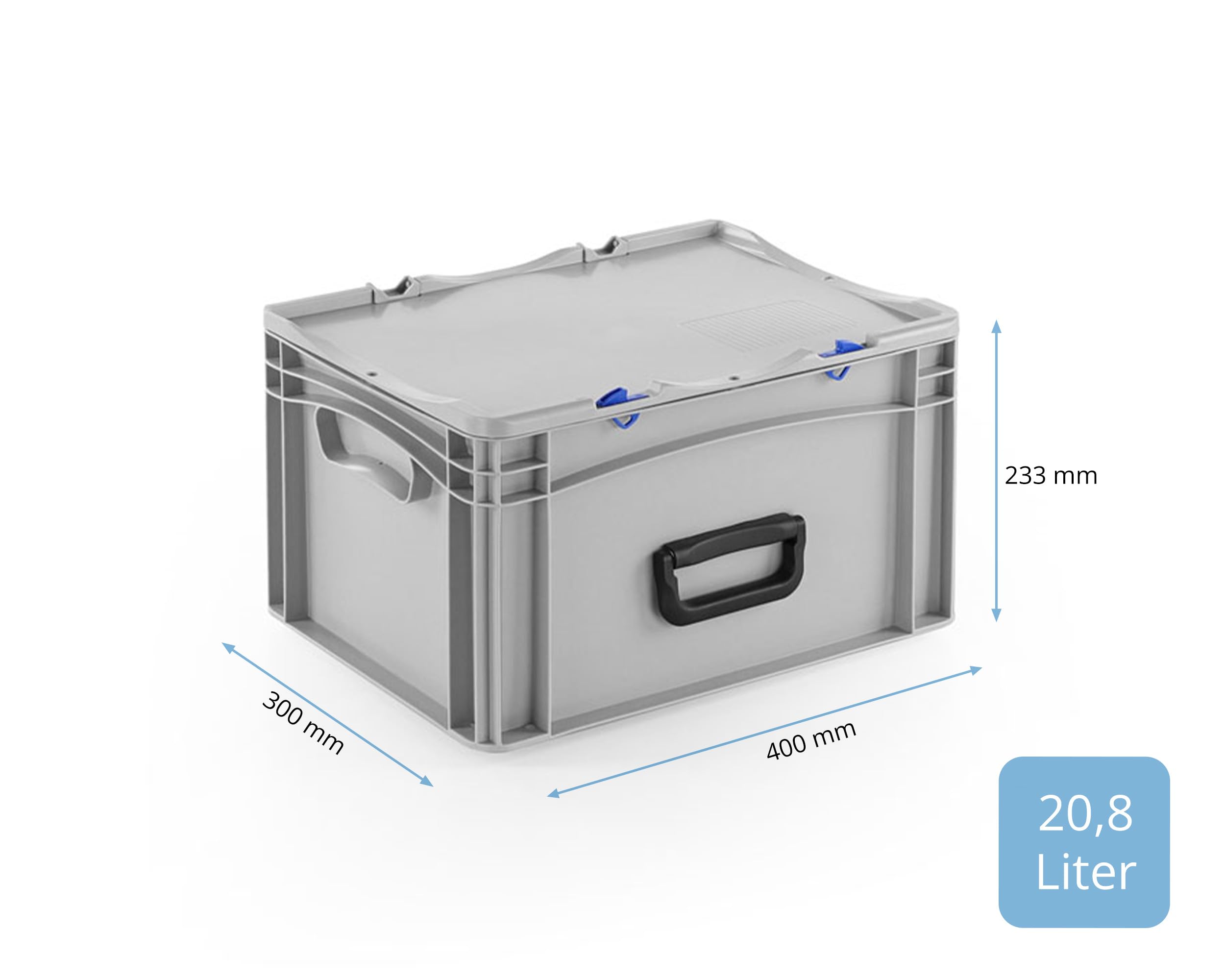 DIE BOX FABRIK Robuster Eurobehälter mit Tragegriff & Scharnierdeckel | Stapelbarer Kunststoffkoffer für Lager & Transport | Aufbewahrungsbox für Werkzeuge, Logistik & Industrie (400x300x233 mm)