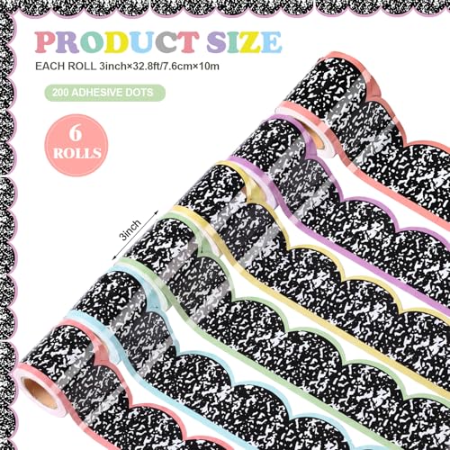 Image of Fuutreo 6 Roll 197 ft Composition Bulletin Board Borders Black and White Scalloped Rolled Border Trim Pastel Wave Line Borders Decoration for Back to School Classroom Chalkboard Office Wall