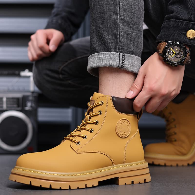 PDUEX Thermal Products Kick not Bad Leather Rhubarb Boots 2022 Autumn and Winter New Retro Tooling Boots Hand-Stitched Boots Men's Shoes Trend to Protect Your feet (Color : Yellow, Size : 11)2