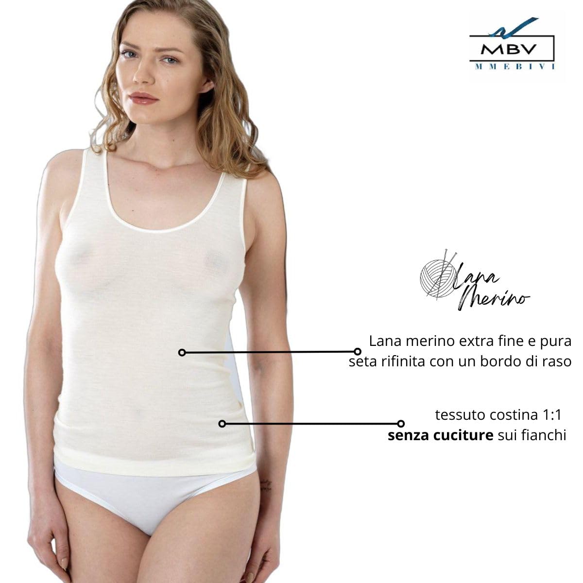 2 Pezzi Canotta Donna Made in Italy in Lana e Seta – Spalla Larga, Senza Cuciture, con Bordo in Raso