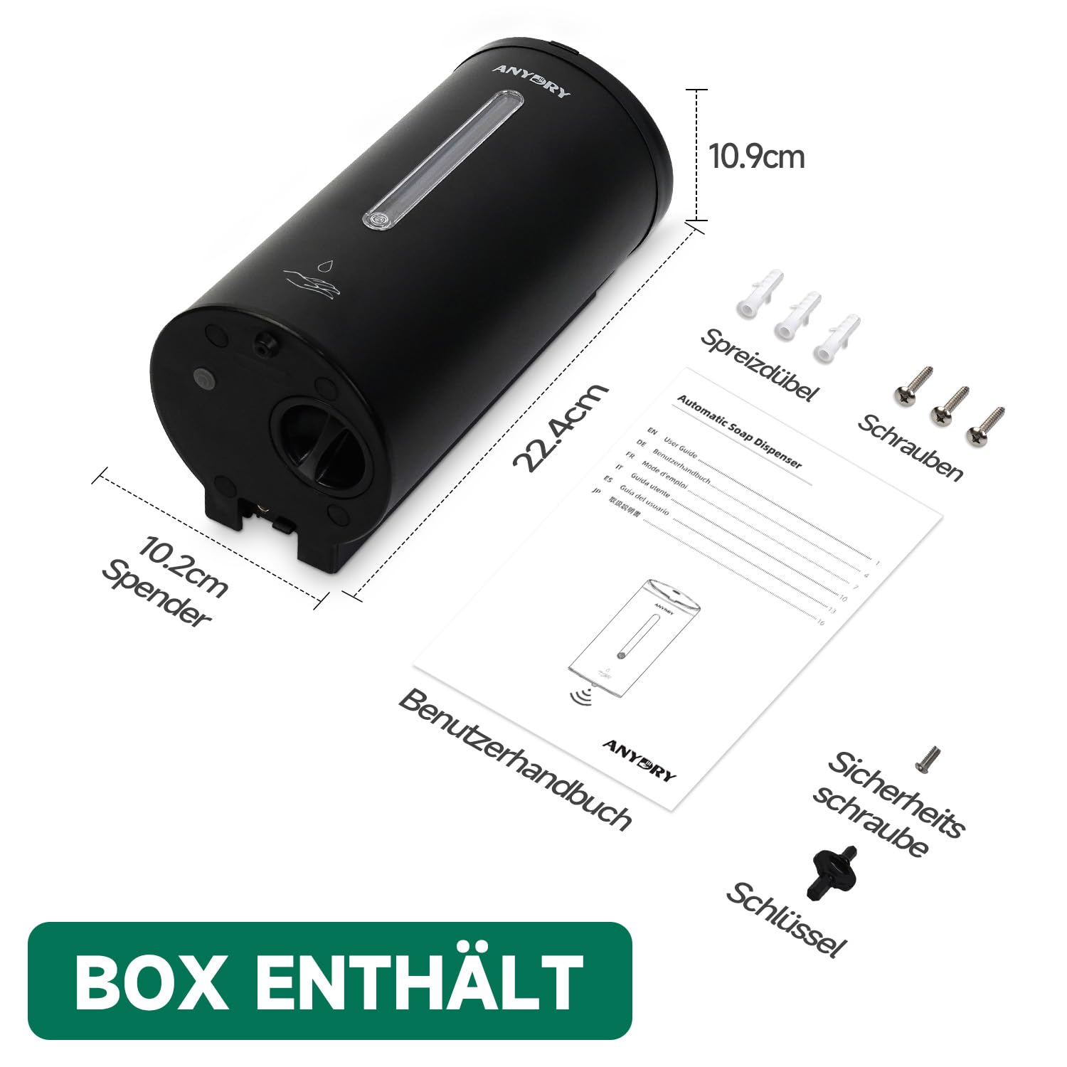 anydry 750ml Professioneller Automatischer Wand-Seifenspender, Korrosionsschutzbeschichtung,Modell 1205E (Matt Schwarz)