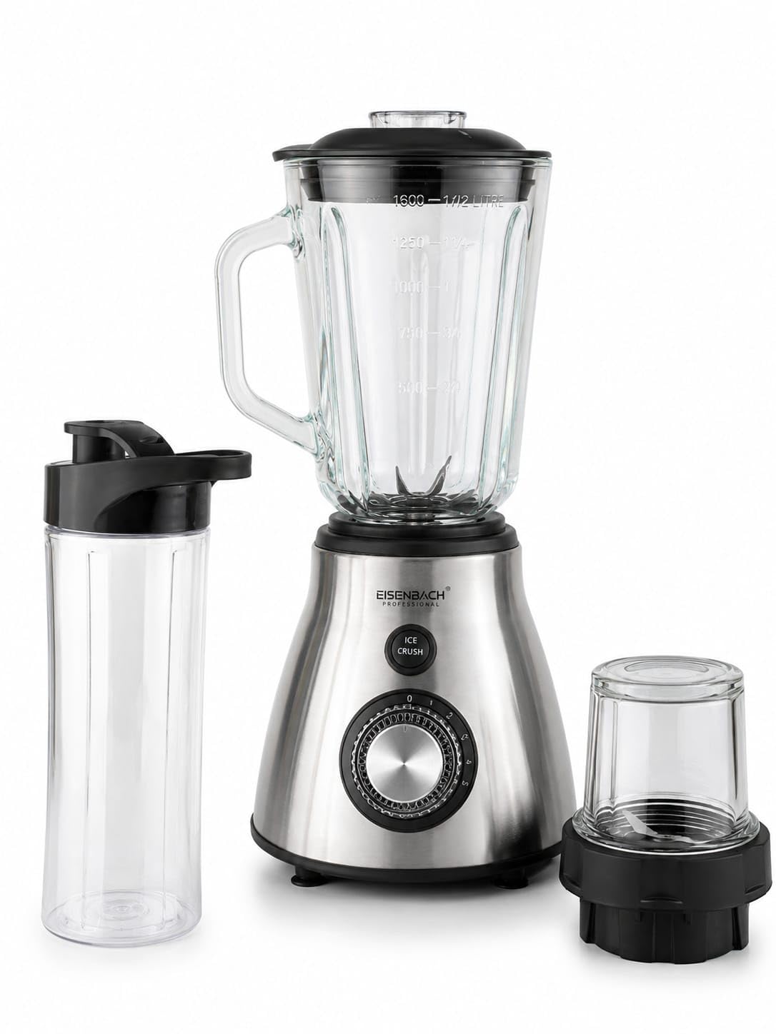 Licuadora Eléctrica Profesional 3 en 1 800W, Vaso de Vidrio 1.5L, Molinillo para Café y Especias, Botella Portátil 600 ml, 5 Velocidades + Función Ice Crush, 220-240V 50/60Hz