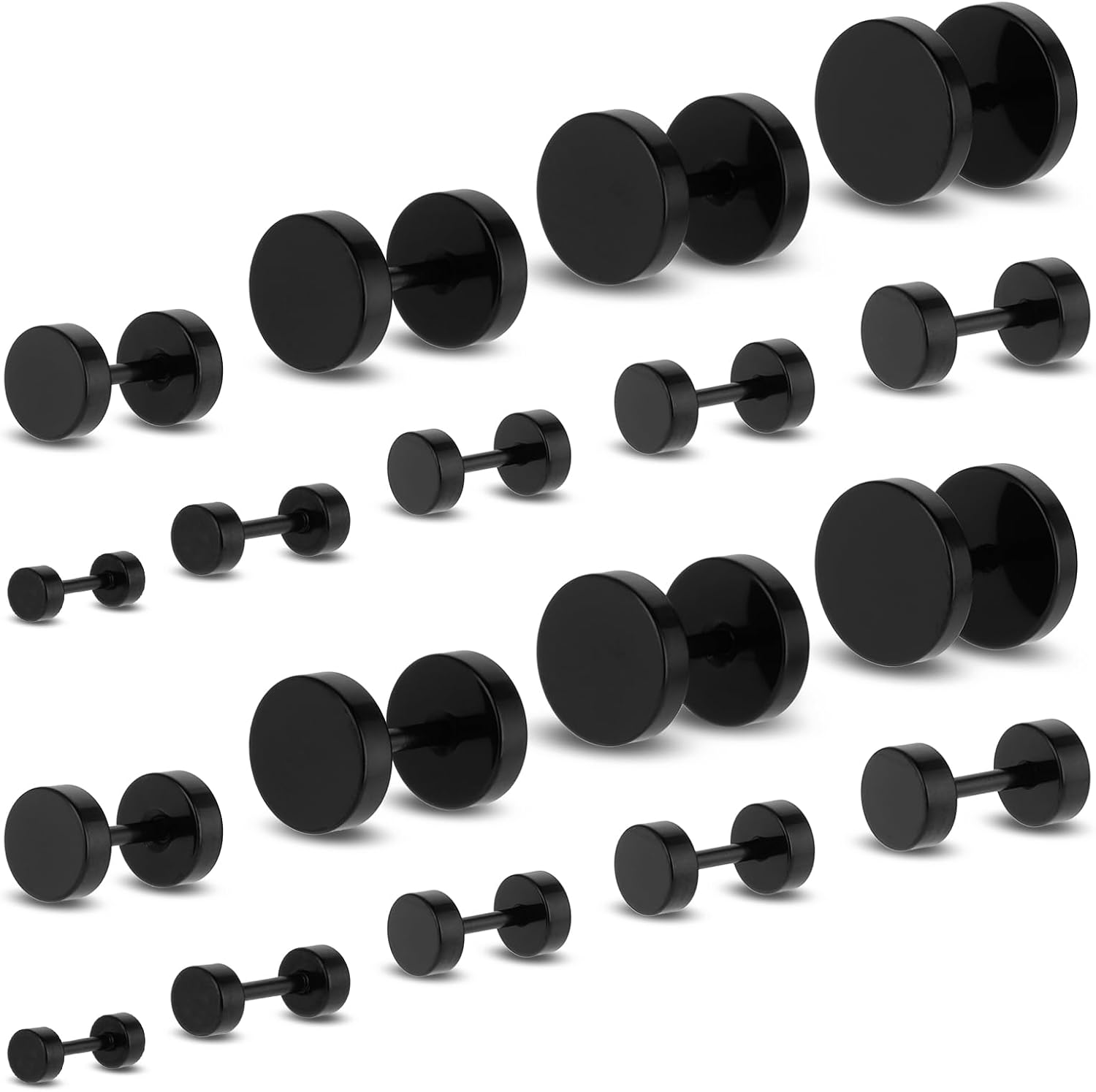 9 Pairs 3mm-14mm Black Fake Gauges Earrings for Men Women Titanium Steel Dot Earrings Black Round Stud Earring 9 Sizes