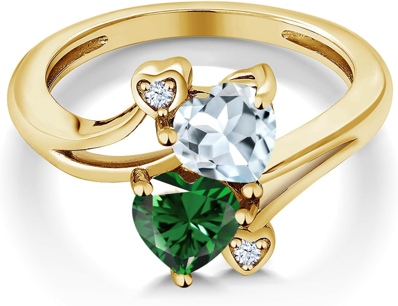 Gem Stone King 18K Yellow Gold Plated Silver Sky Blue Aquamarine Green Nano Emerald Ring For Women (1.38 Cttw, Heart Shape 6MM, Gemstone March Birthstone)