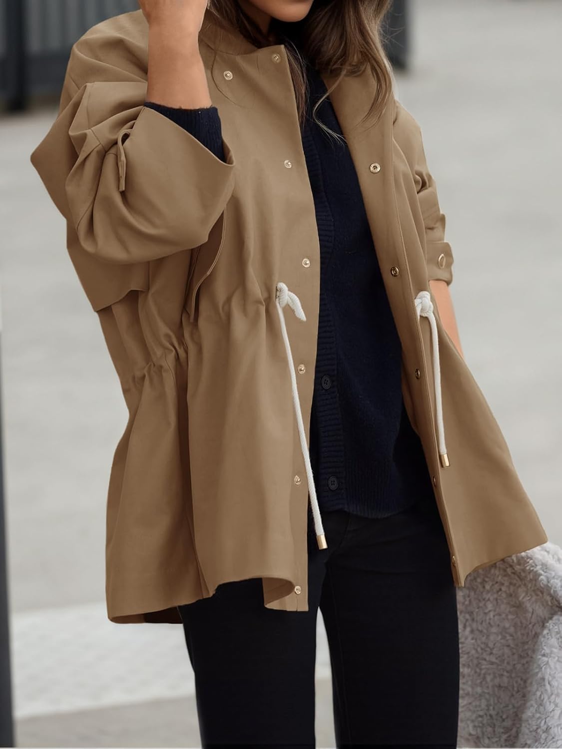 Tankaneo Womens Oversized Trench Coat Mid Length Snap Button Fall Jacket Windproof Outerwear with Drawstring