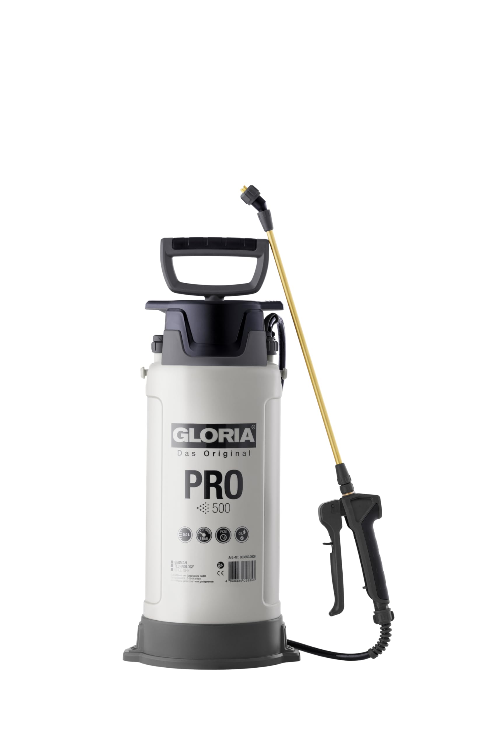 GLORIA Pulvérisateur Pro 500 | 5L Joints FKM | Idéal Bâtiment & Industrie | Pression 3 bar & pompe en laiton | Lance & buse jet plat laiton | Oléofuge | Idéal pour apprêts & décollage de papier peint