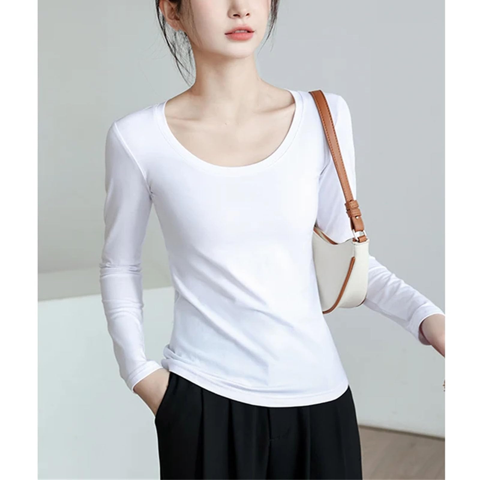 Camiseta de algodón suave para mujer, cuello redondo, color liso, camisetas de manga larga