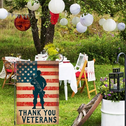 Image of Nuxovilar Thank You Veterans Garden Flag Soldier 12x18 Polyester | Patriotic Flag, Military Banner thank you veterans flag, soldier silhouette lawn, patio, porch (Soldier Salute)