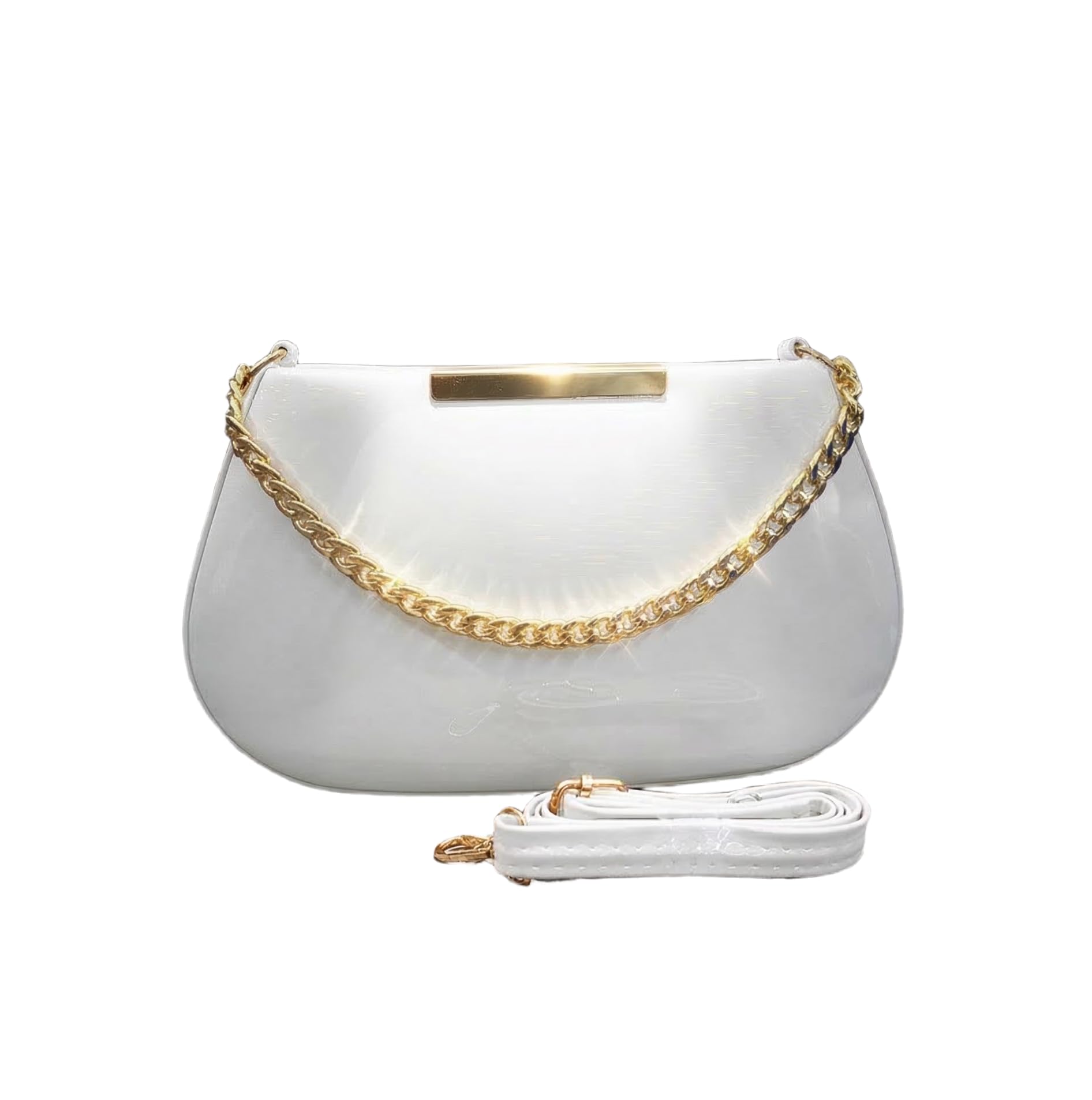 chic charmsz Women's Sling Bag with Gold Chain Strap, White Patent Leather Crossbody Purse with Detachable Shoulder Strap-picture-11