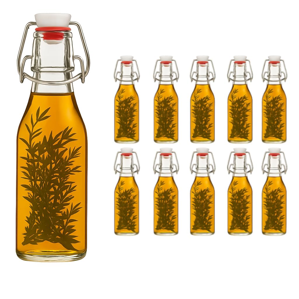 hocz 10x leere Bügelflaschen 200ml zum Befüllen Weiß - kleine Flaschen mit Bügelverschluss - 10er Bügel Glasflaschen Set für Saft, Getränke, Likör, Öl, Saucen