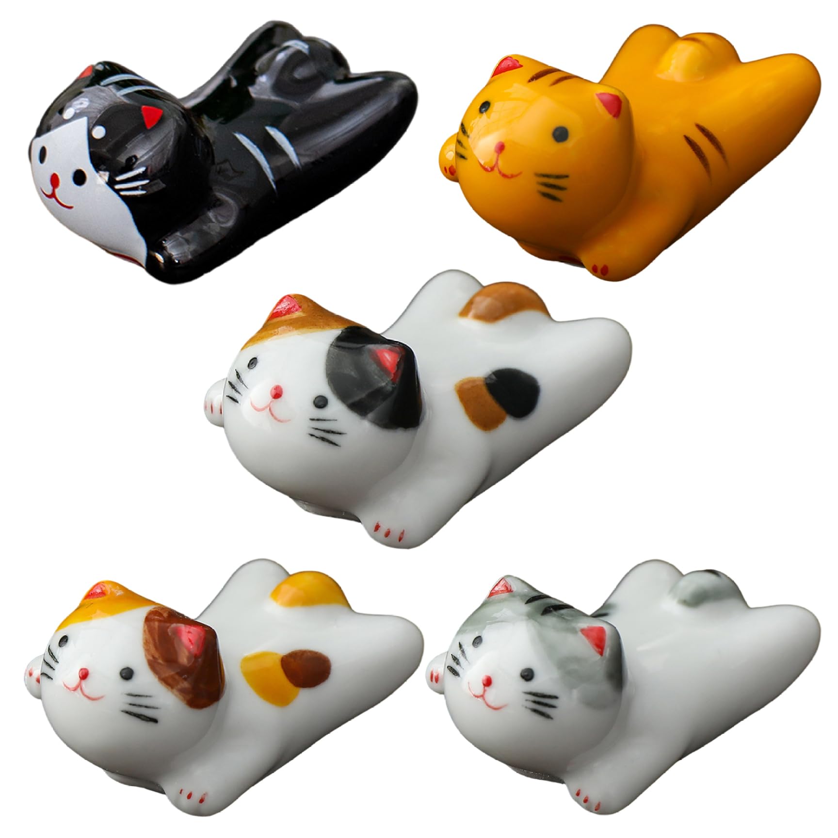 Xoeryoy 5Pcs Chopstick Holder Japanese Style Cute Cat Ceramic Chopstick Rest for Dinner Fork Spoon Knife Tableware, Home Kitchen