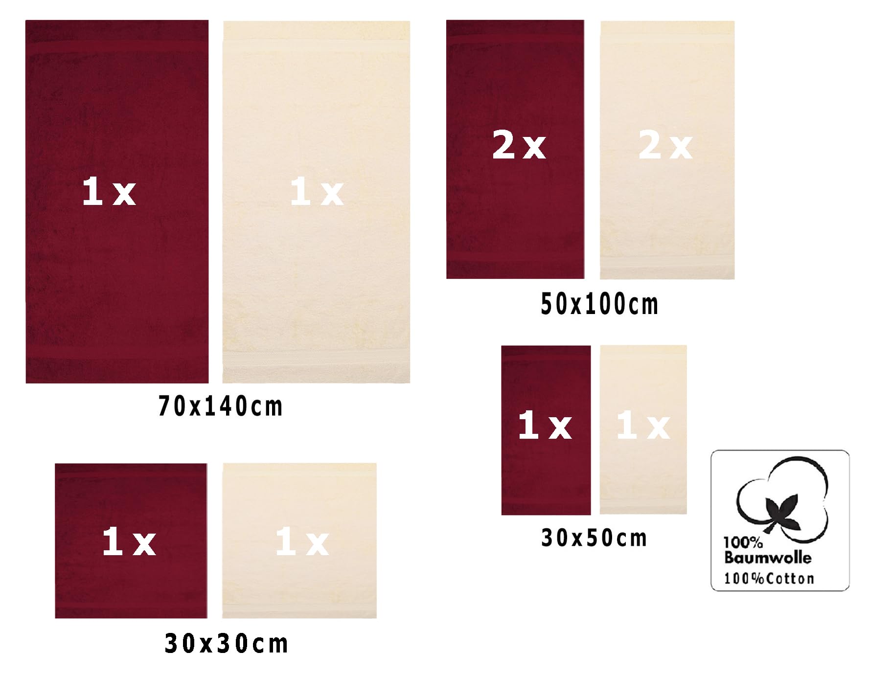 Betz Juego de 10 Toallas Classic 100% algodón 2 Toallas de baño 4 Toallas de Lavabo 2 Toallas de tocador 2 Toallas faciales Rojo Oscuro y Beige