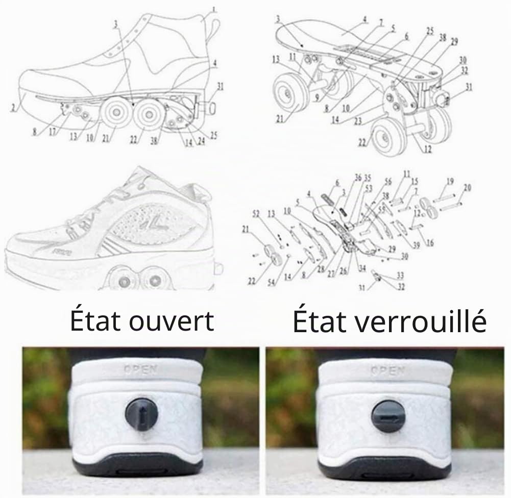 Chaussures à roulettes lumineuses LED - 4 roues - Patins à roulettes réglables - Roue cachée pour chaussures de course - Pour jouer - Pour hommes, femmes et enfants