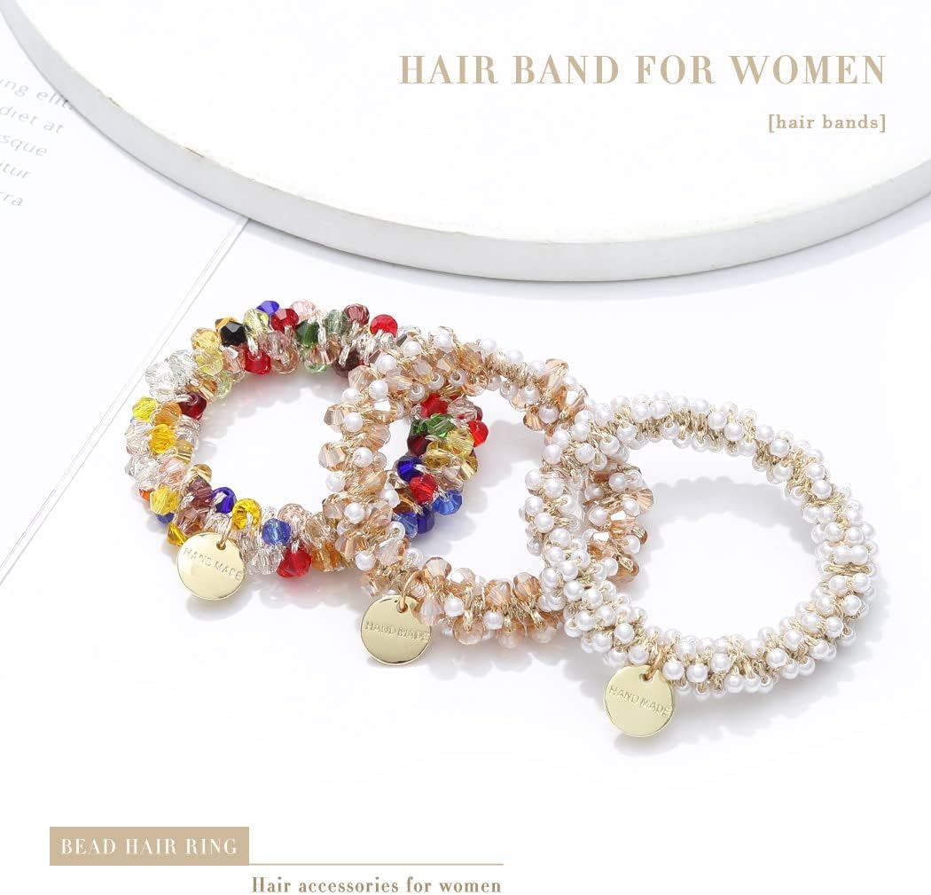 Reaky Pearl Hair Ties Beaded Hair Scrunchies Fancy Ponytail Holder Decorative Hair Accessories for Women, White, Colorful, Beige - Image 2