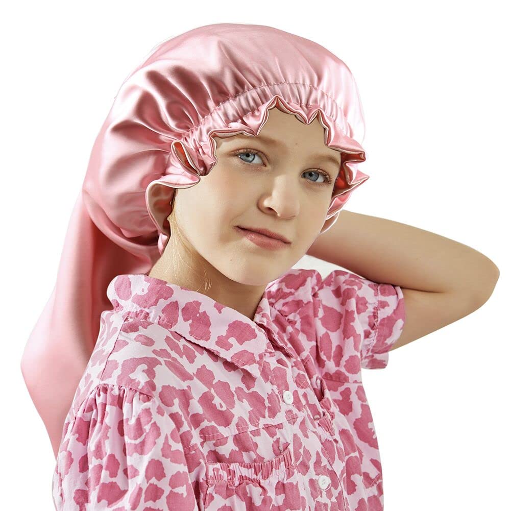 ELIHAIRLong Sleeping Cap Kids Hair Bonnets Night Sleep Cap Adjustable Silky Satin Bonnet Cap for Long Braids Curly Hair, Kids Long Bonnet Juicy Pink, M