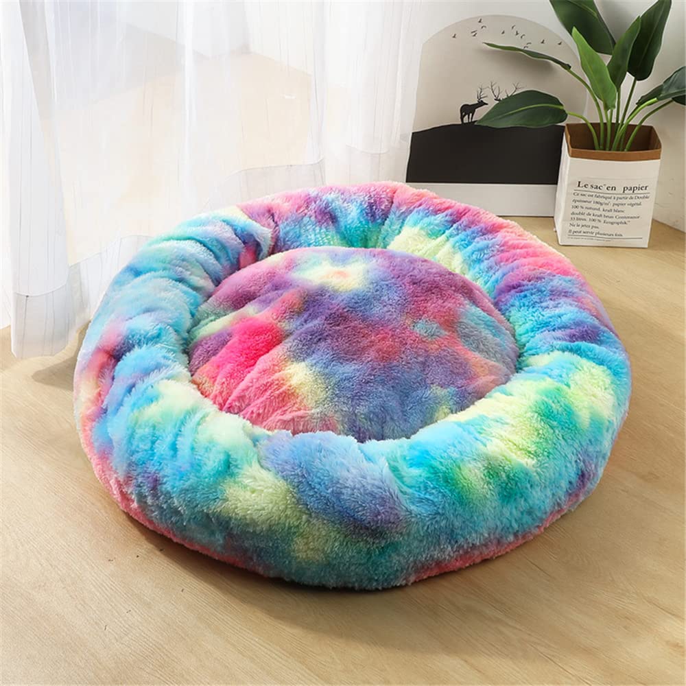 Lukery Dog Cat Donut Bed, Fluffy Plush Puppy Kitten Cuddler Round Bed, Warm and Soft Pet Cosy Anti Anxiety Beds for Small/Medium/Large Dogs (90CM,Dazzling blue)