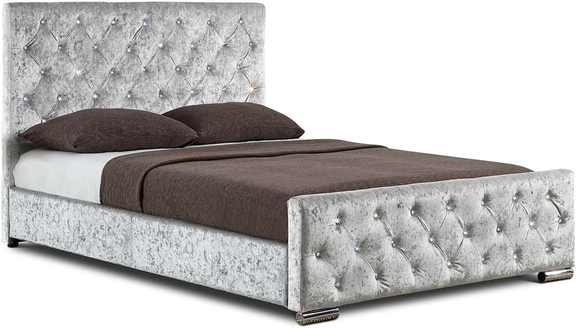 luxisleepltdBed Frame BEDWORTH Plush Velvet Fabric Black,Grey, silver,Cream, 3ft,4ft6,5ft,with Crystal Buttons (SILVER PLUSH VELVET, Double 4ft6/137CM)