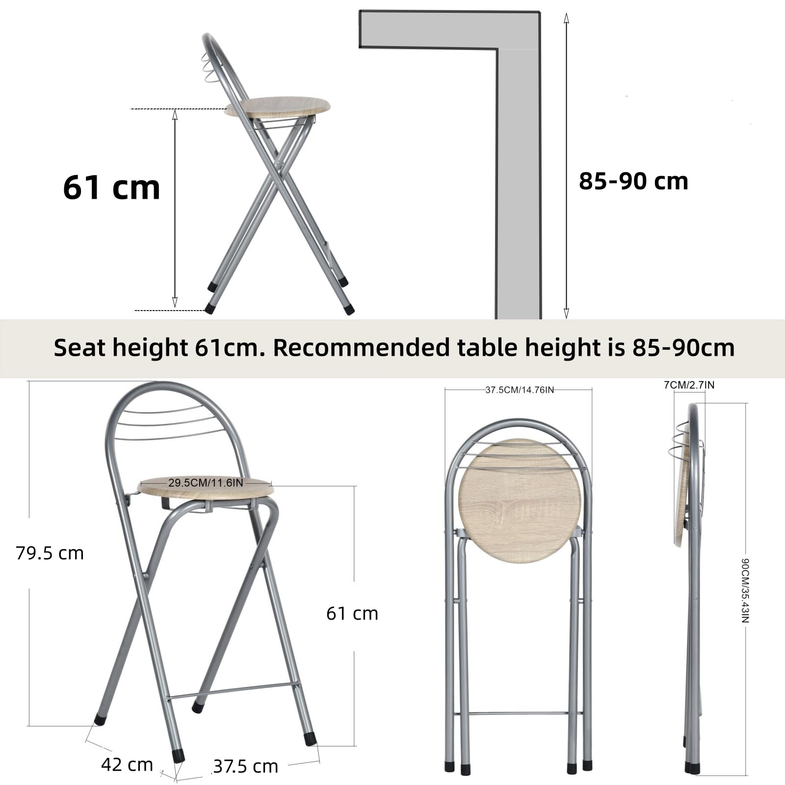 1 tabouret pliant avec dossier, portable, pliable, pour extérieur, jardin, balcon, cuisine, bars, camping, hauteur d'assise 61 cm (chêne et argent)