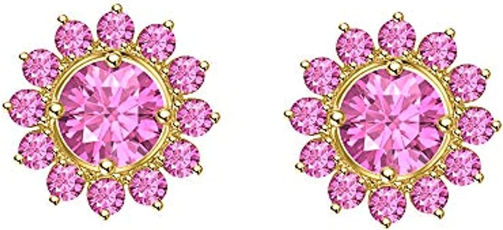 Round Cut Pink Sapphire 925 Sterling Silver 14K Gold Over Diamond Gemburst Halo Jacket Set Stud Earring for Women's
