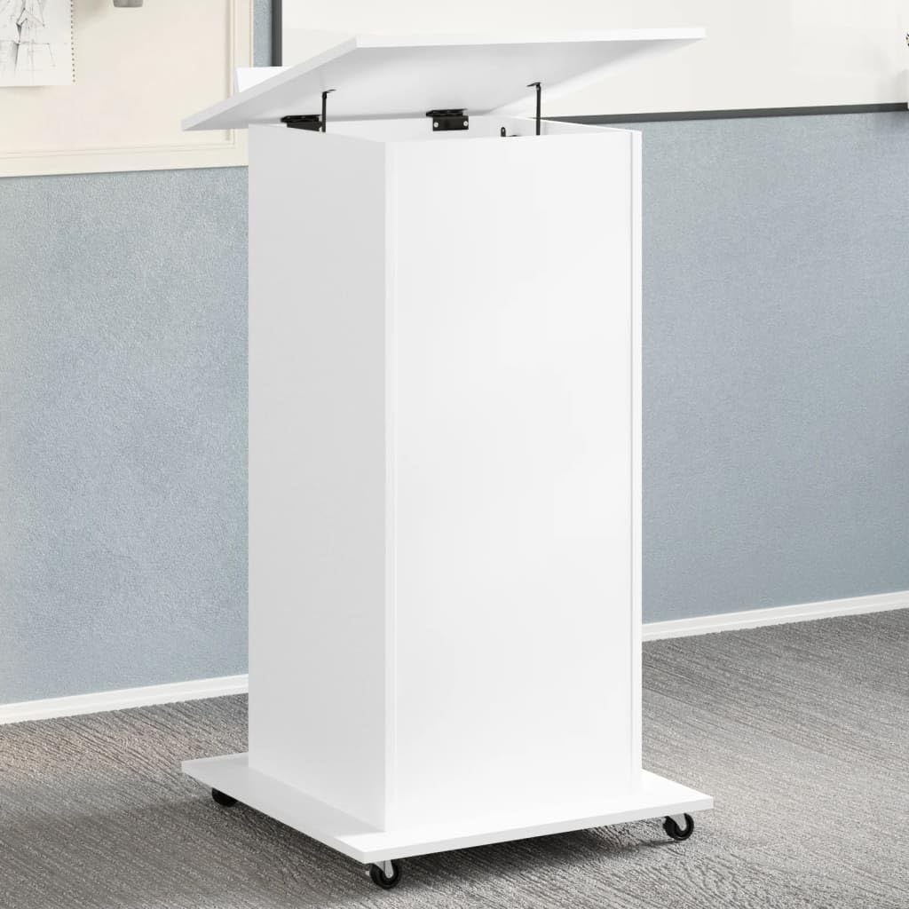 Leggio con Ruote e Cassetto Bianco 55x55x107 cm in Multistrato,Leggio, Podio, Pulpito per Conferenze, Tavolo per Presentazioni, Scrivania per Discorsi Pubblici, Porta PC, Piano Inclinato e Ripia