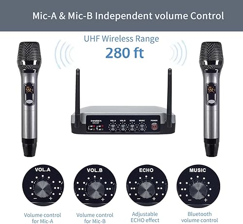 Miniatura 2 de UHF Sistema de micrófono inalámbrico de mano con caja de micrófono inalámbrico Echo con receptor de metal para cantar, hablar, reuniones, iglesia,