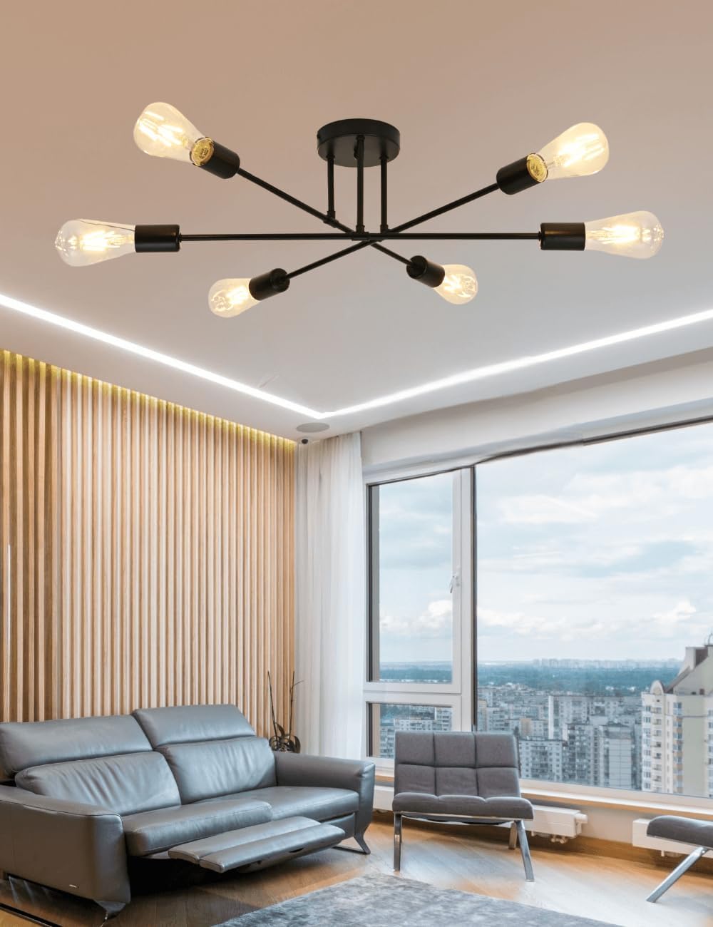 Ceiling Light Fixture, Modern Sputnik Chandelier, Mid Century Industrial Lighting for Bedroom Kitchen Dining Living Room (Black)