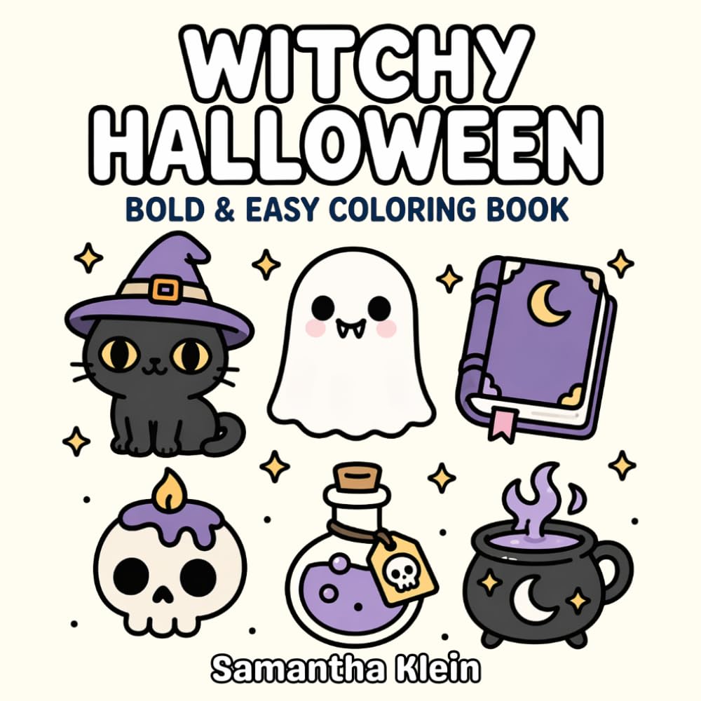 Witchy Halloween - Cozy Bold & Easy Coloring Book for Kids and Adults: 40 Spooky Designs for Relaxation