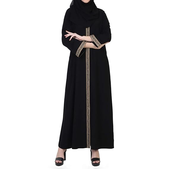 Mushkiya Beautiful & Stylish Front Open Abaya In Arabian Fit With lacework Comes With A Complementary Hijab For Women & Girls (ABH-001-Black-Beige)