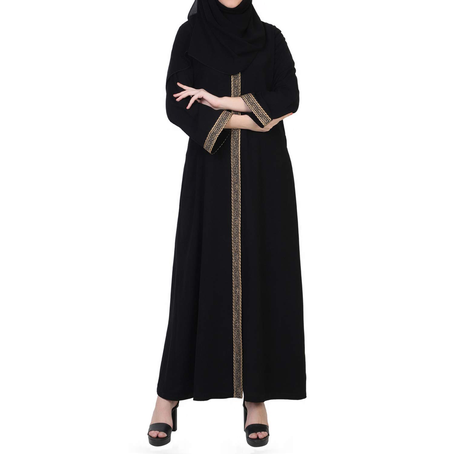 MushkiyaBeautiful & Stylish Front Open Abaya In Arabian Fit With lacework Comes With A Complementary Hijab For Women & Girls (ABH-001-Black-Beige)
