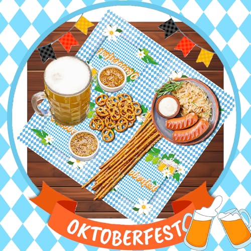 Oizemori 40 Stück 33x33 cm, Oktoberfest Servietten Blau Weiß, Oktoberfest Deko Set mit Papptellern und Bechern, traditionelle bayrische Dekoration im Rautenmuster für Bierfest Party