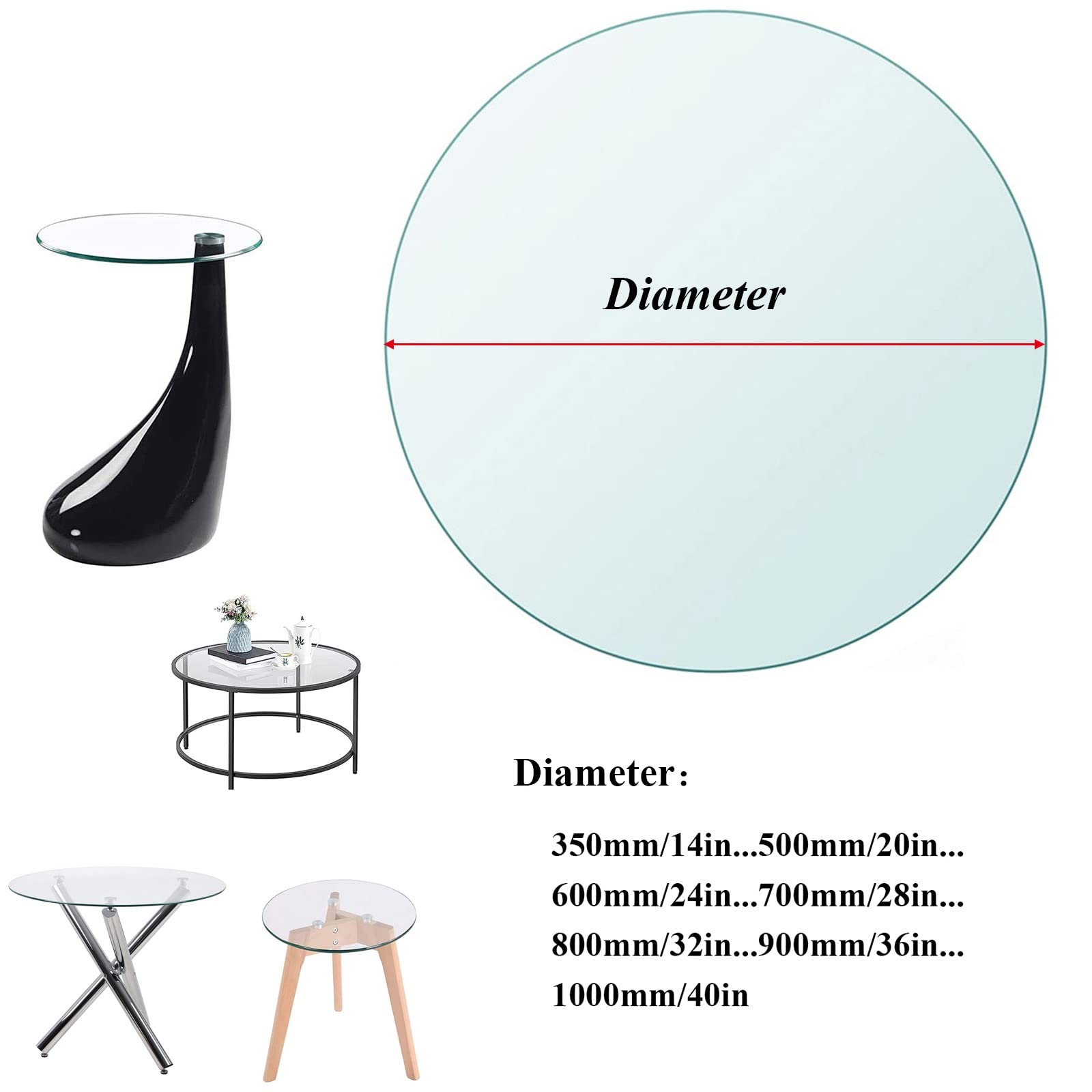 Dessus De Table Verre Trempé Rond Transparent Plat 380-800mm Bords Polis