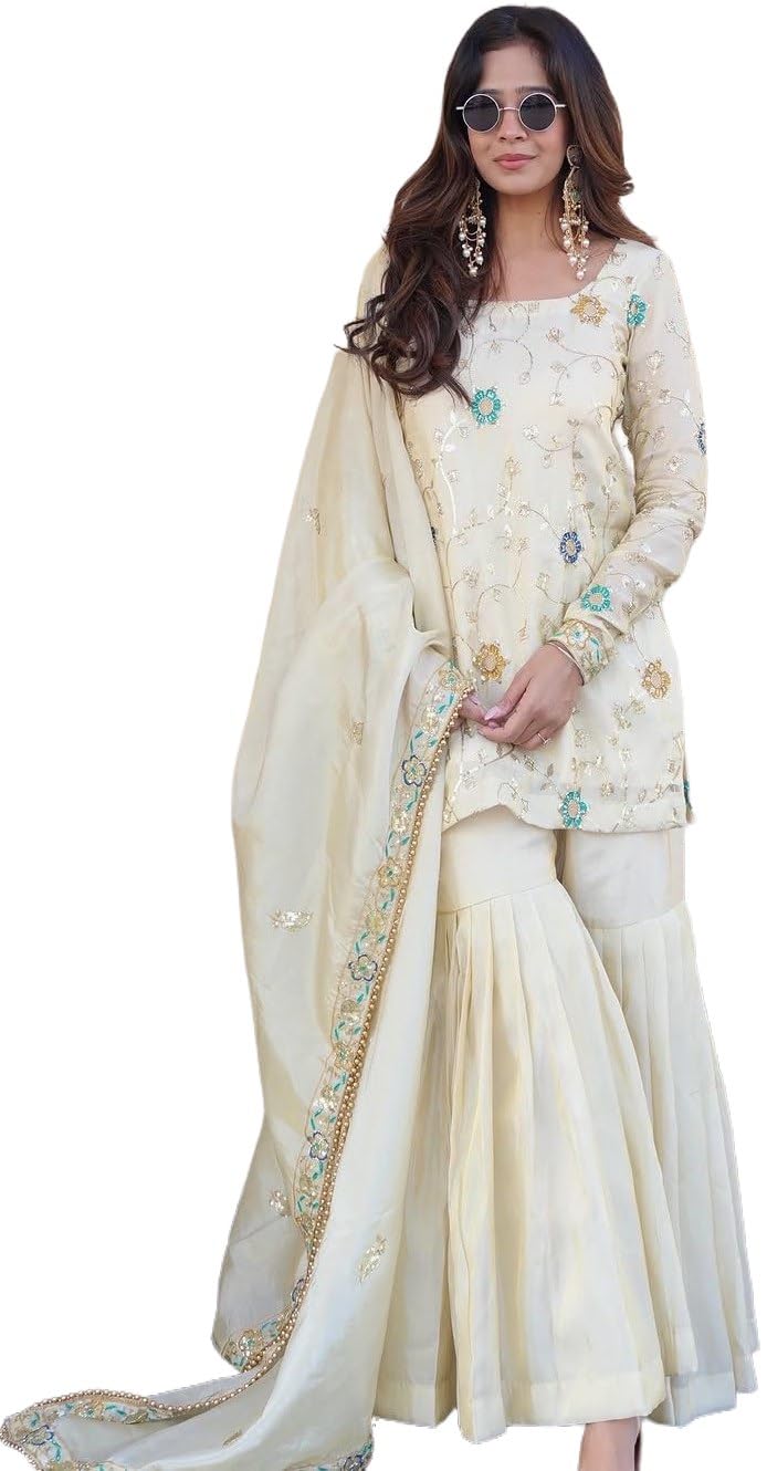 Womens Off White Salwar Suit Set Embroidered 3 Piece Outfit with Kurta Gharara and Dupatta