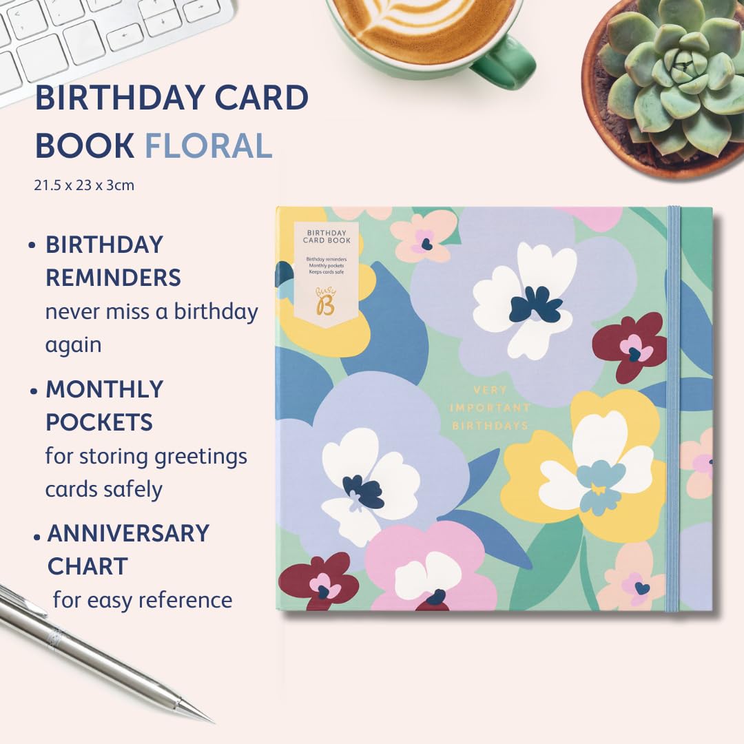 Busy B Livret de cartes d'anniversaire Florale Carnet avec rappels d'anniversaire pochettes de rangement