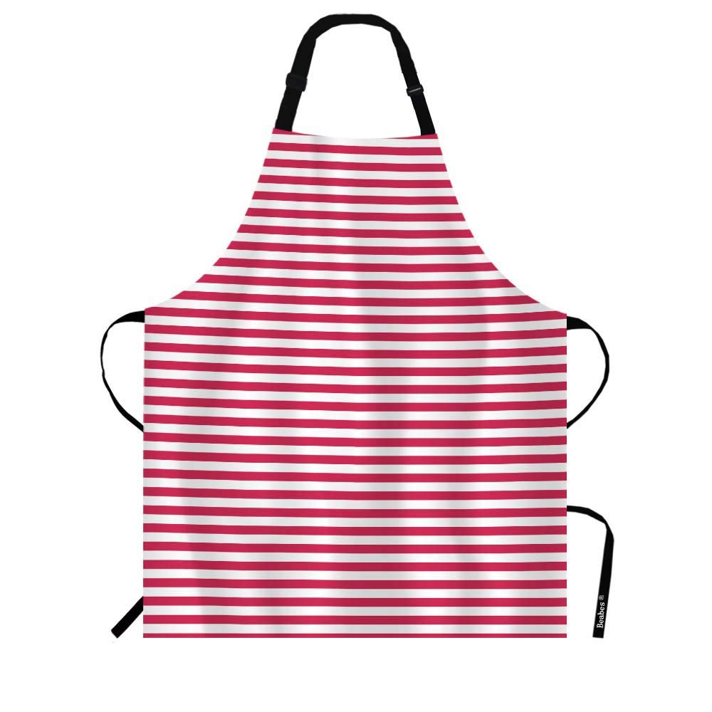Beabes Horizontal Red and White Stripes Apron Repetitive Thin Line Pattern Bib Apron for Home Kitchen Cooking Baking BBQ Chef Waitress with Adjustable Neck 27"x31"