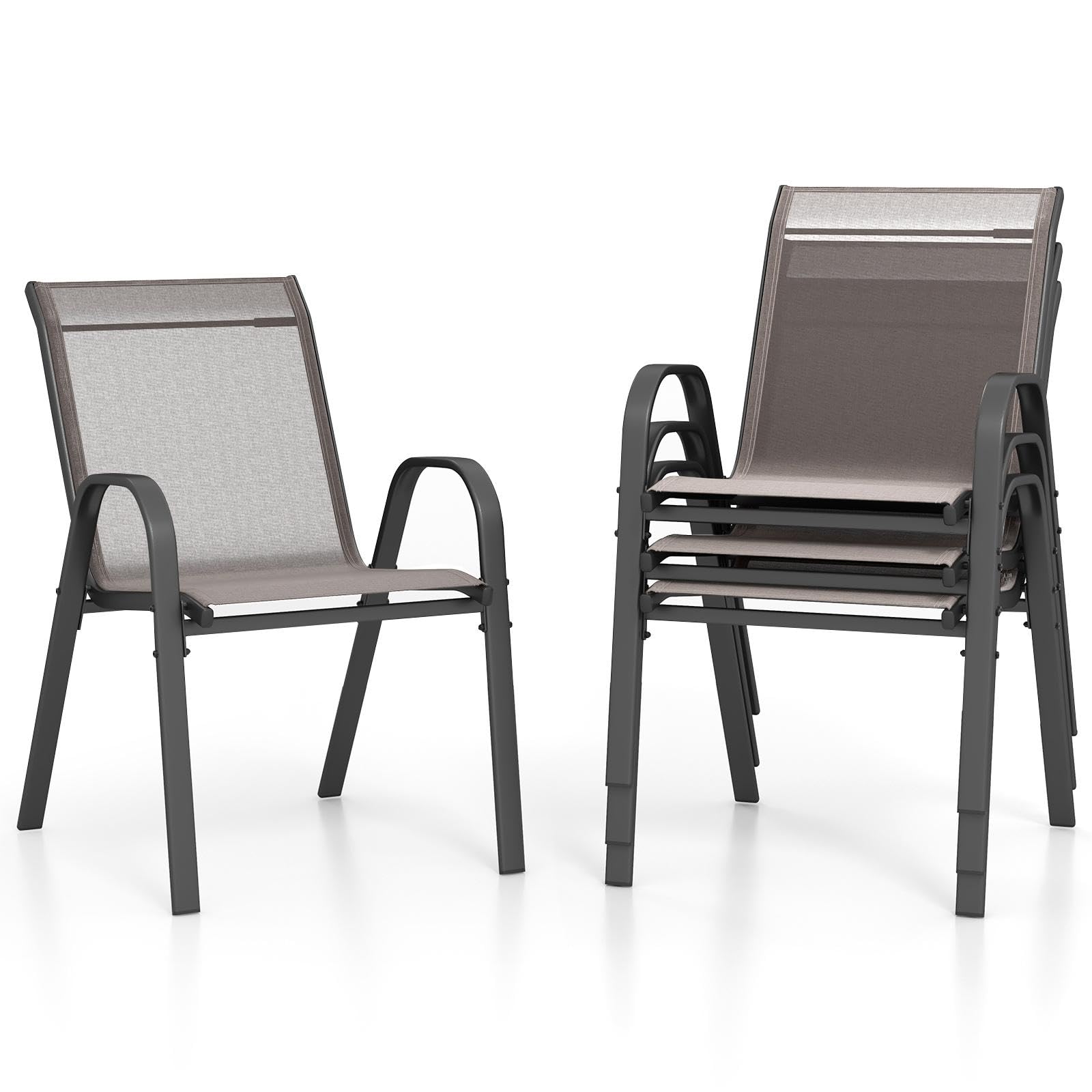 TANGZON Garden Dining Chairs Set of 2/4, Stackable Outdoor Armchairs with Armrests, Modern Accent Chairs for Balcony Poolside Backyard (Grey, 4PCS)