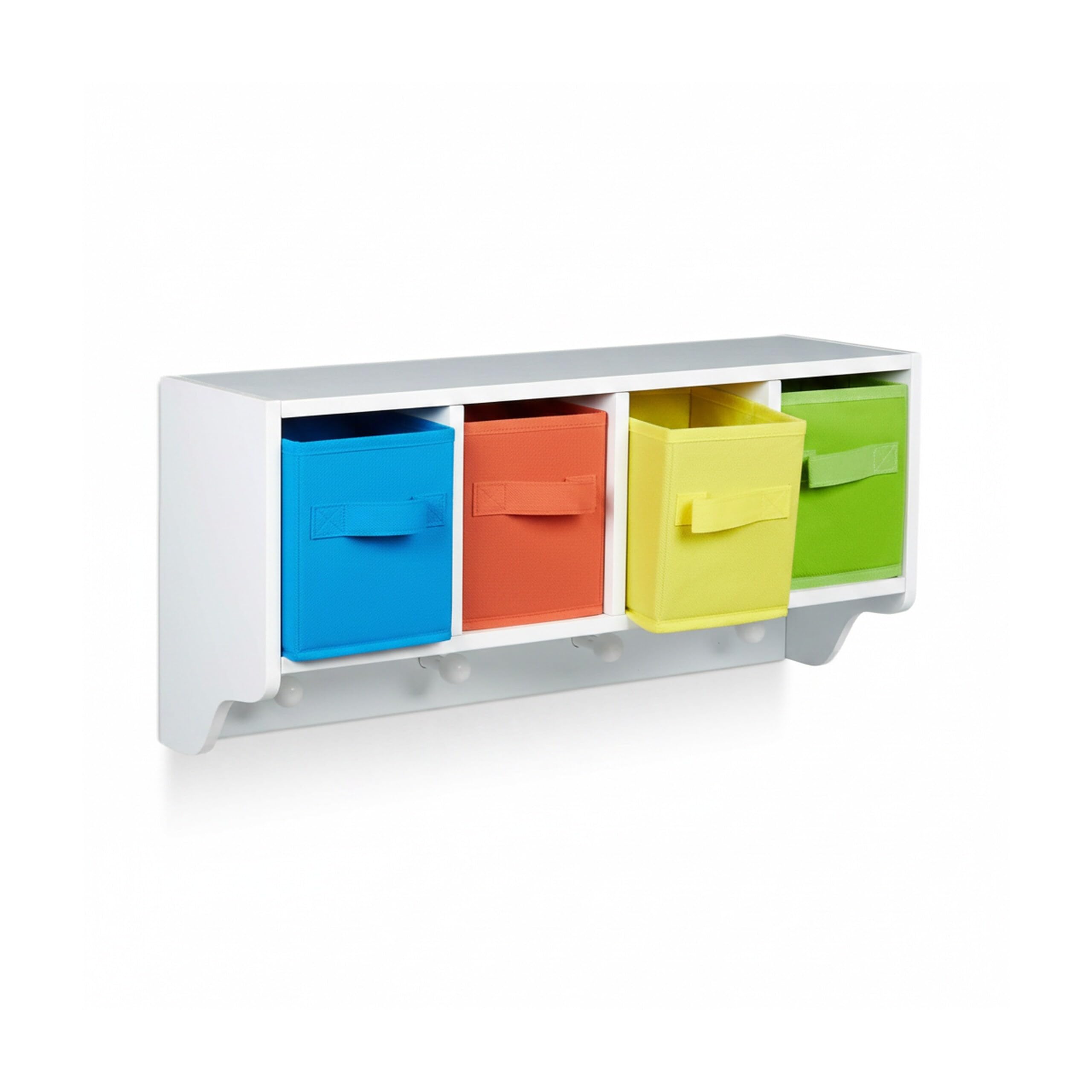 Relaxdays Kinder Wandregal ALBUS, 4 Kleiderhaken, Kinderregal mit 4 bunten Faltboxen, HBT: ca. 28 x 61 x 16 cm, weiß