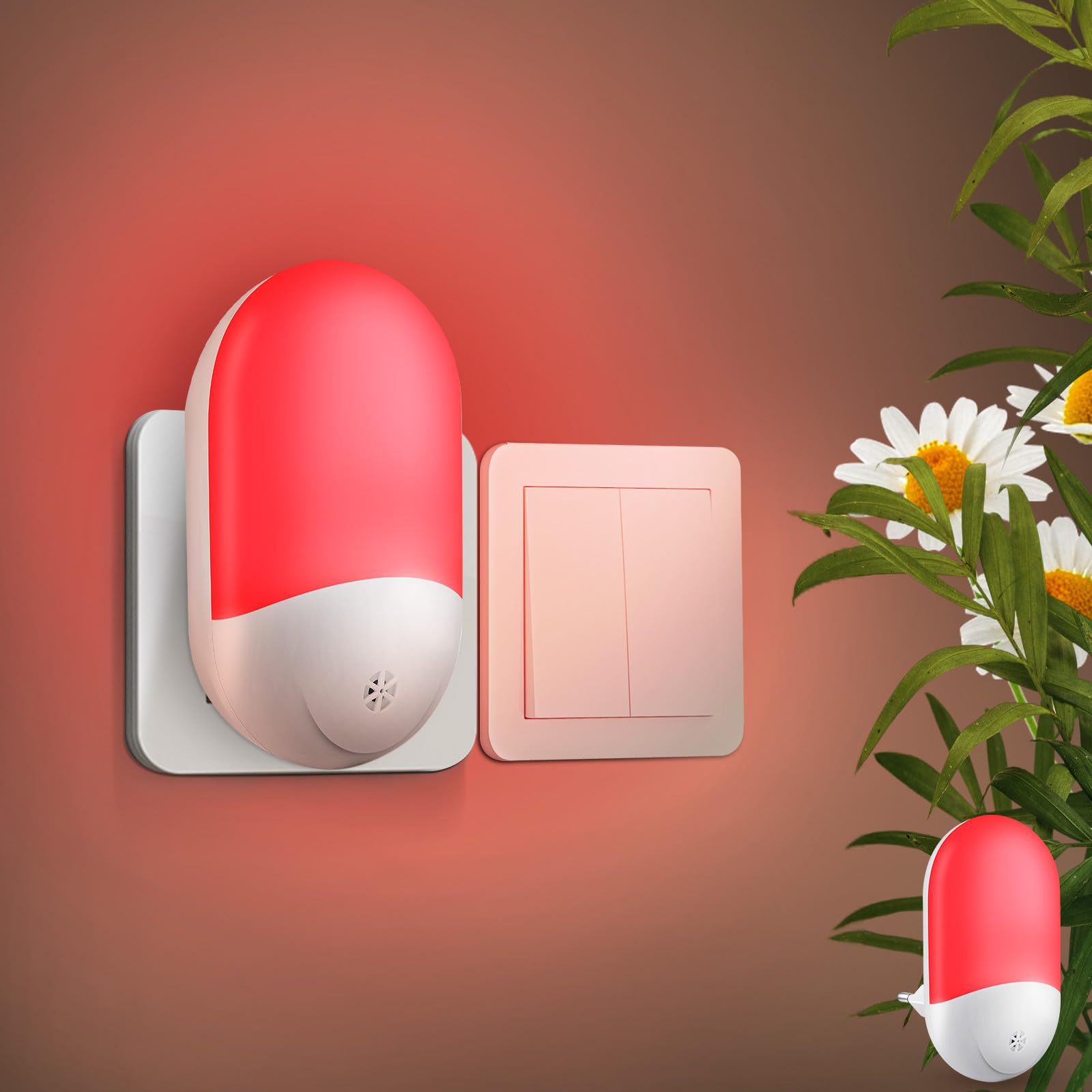 HOTUT 2-pak lampek nocnych z wtyczką i czujnikiem zmierzchu, czerwona lampka nocna LED dla dzieci, wtyczka do lampki nocnej dla dzieci, lampka nocna do pokoju dziecięcego, na schody, korytarze