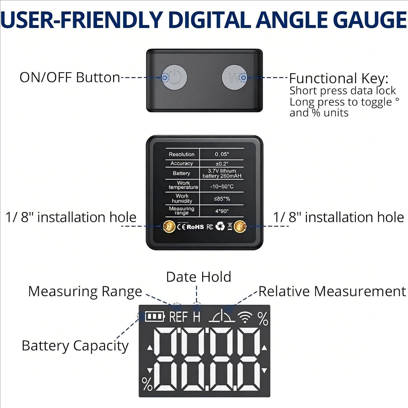 Inclinometro Digital Compacto, Nivel Digital con pantalla VA, base magnética, ranura en V, Type-C, IP54 para medición precisa 4×90° en talleres y obra, ideal para manualidades y bricolaje