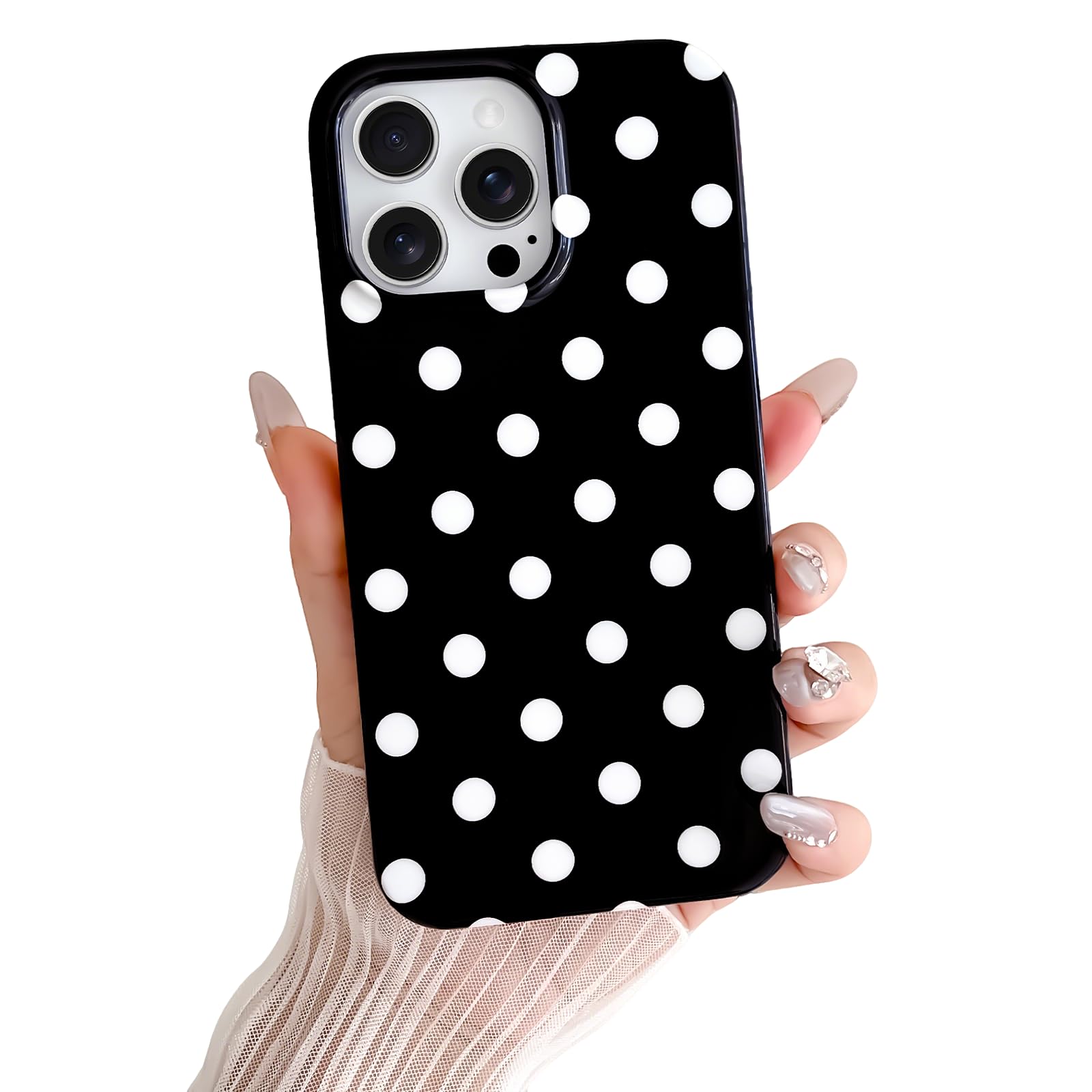 Photo 1 of Skyseaco for iPhone 16 Pro Case Cute Polka Dot Aesthetics Design Phone Case Soft Slim TPU Shockproof Phone Cover for Women Girls, Black