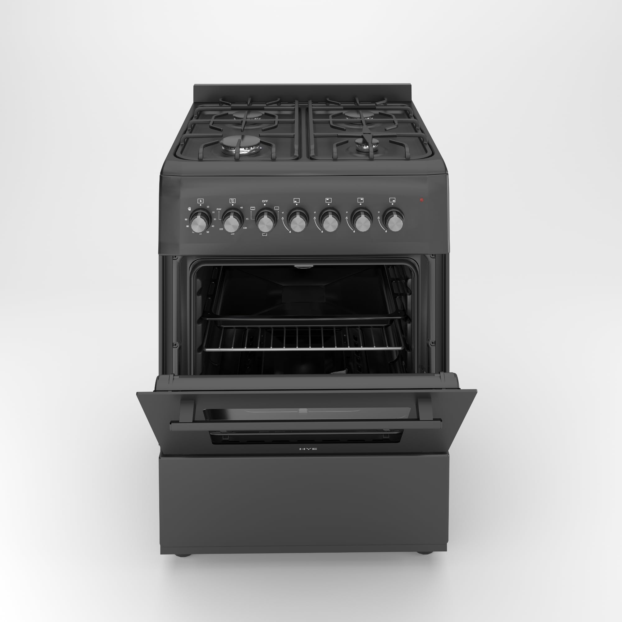 HYE Cooker - Gas Cooker With 4 Gas Burners, 62L Electric Oven, 60cm Width, Modern Freestanding Design, Black, Ideal For Family Homes - C01FS60G17 — view 2